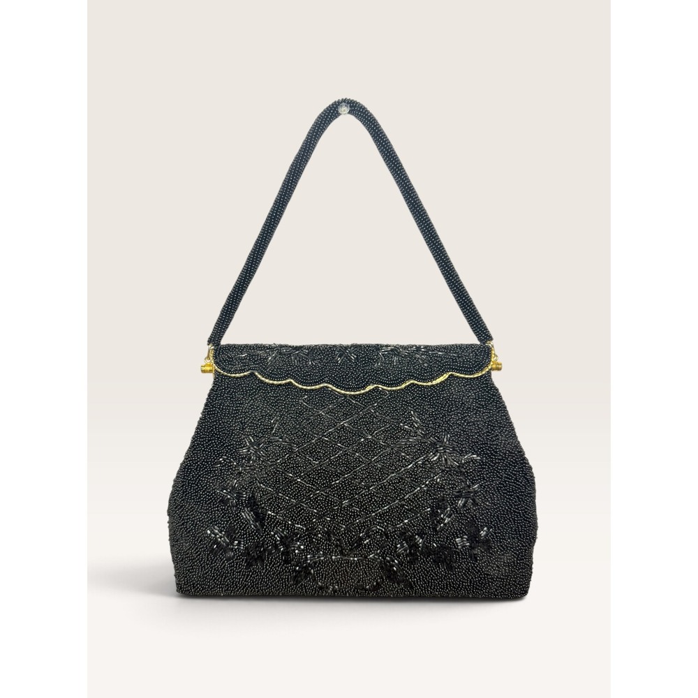 Vintage Black Beaded Evening Purse Gold Scalloped Trim 1950s Retro Glam
